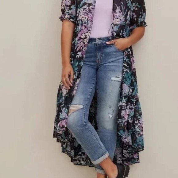 630-24 Torrid Maxi Swiss Dot Floral front tie Kimono Duster Size 2 (16/18) - Picture 3 of 12